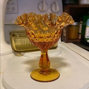 Vintage FENTON Amber Glass Ruffled Edge Thumbprint Pedestal Compote Candy Dish